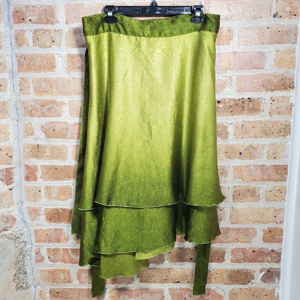 Green Ombre Gradient Crinkle Satin Layered Wrap Circle Skirt